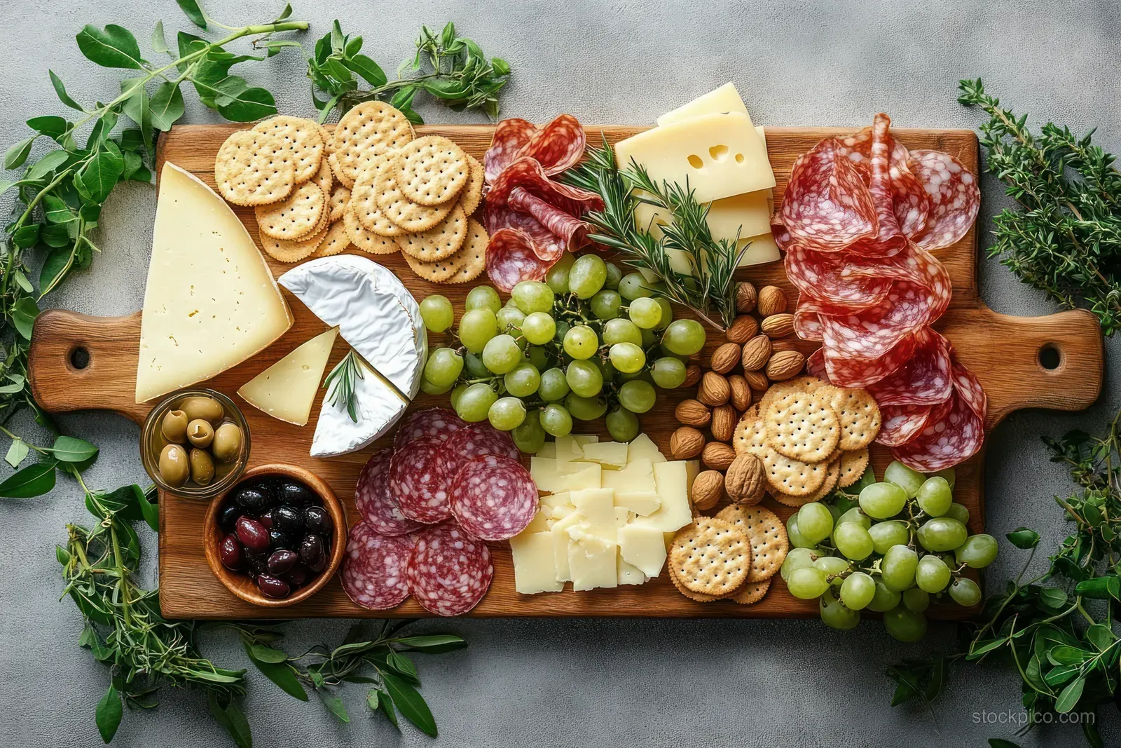Wooden charcuterie board on a gray surface with cheeses, salami, grapes, olives, crackers, nuts, and fresh herbs.