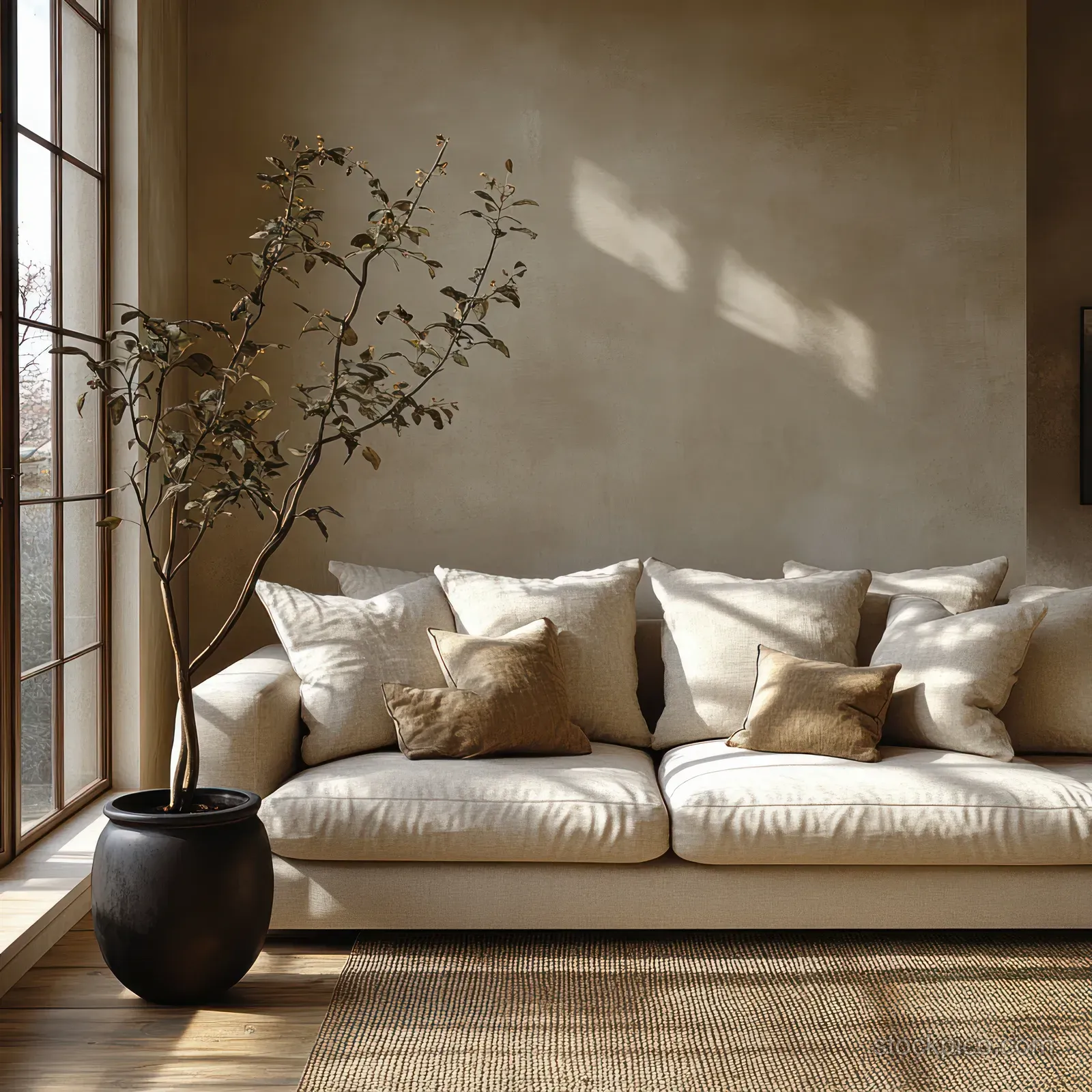 Beige sofa with stacked cushions sits in a minimalist living room while a fig plant stands beside a dark vase by the window.