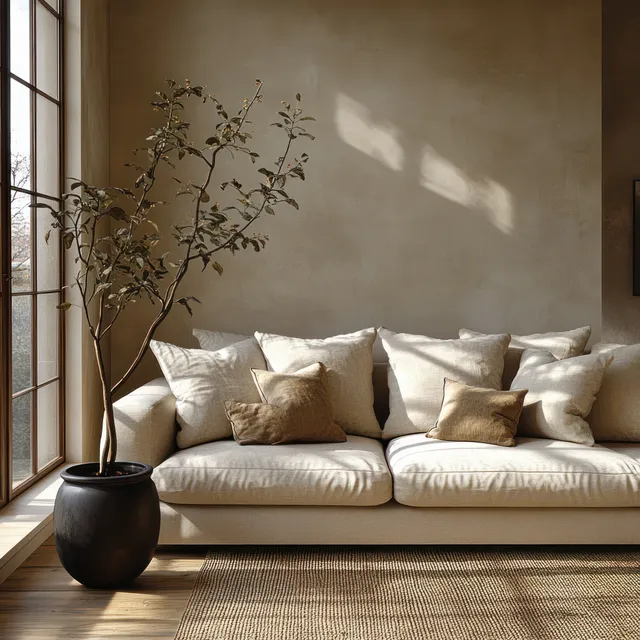Cozy beige sofa under window light with tall fig plant in minimalist Scandinavian living room