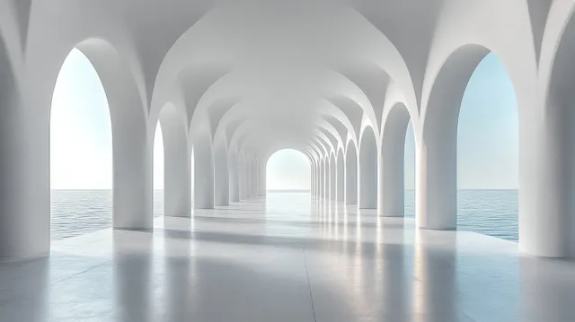 Symmetrical white archway corridor with glowing light and repeating pillars