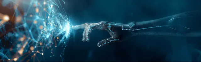A glowing hand reaches toward a hologram interface with network nodes and light beams in dark cyberspace.