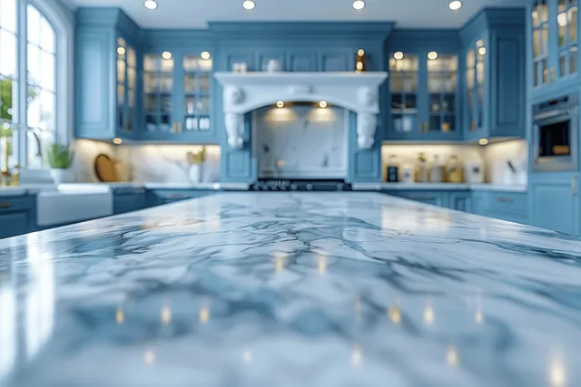 Marble countertop closeup in a blue and white kitchen with blurred island cabinets in the background.