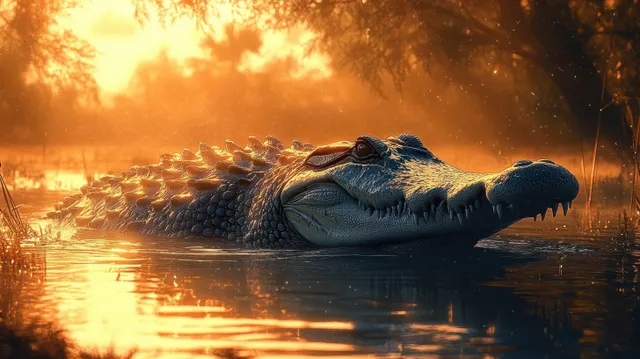 Majestic crocodile gliding through enchanted marsh water under golden hour sunlight