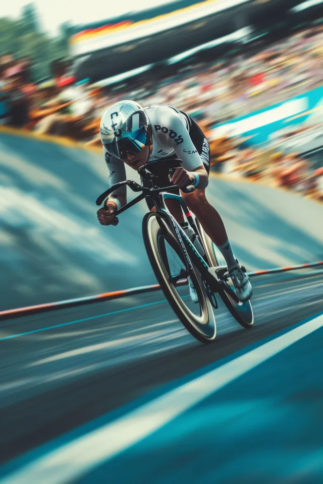 German female cyclist sprints on track at speed, leaning into a sharp turn