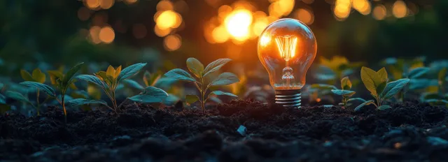 A glowing light bulb hovers above sprouting seedlings in dark soil with soft background bokeh lights.