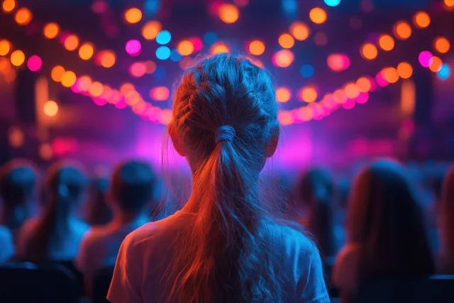 A child stands facing the stage during a school concert with colorful lights overhead.