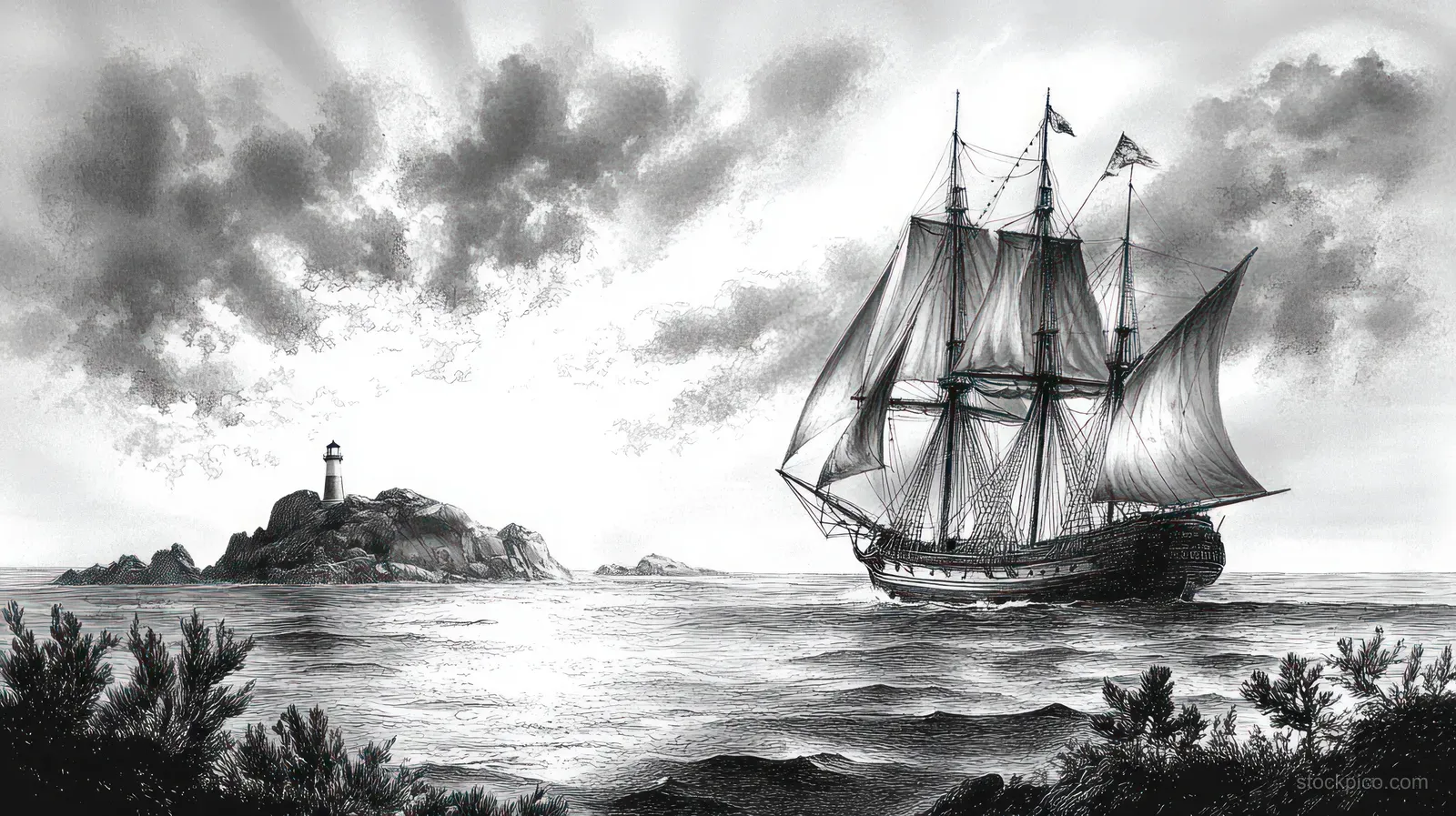 Black-and-white tall sailing ship with full sails sails past a rocky island lighthouse under cloudy skies.
