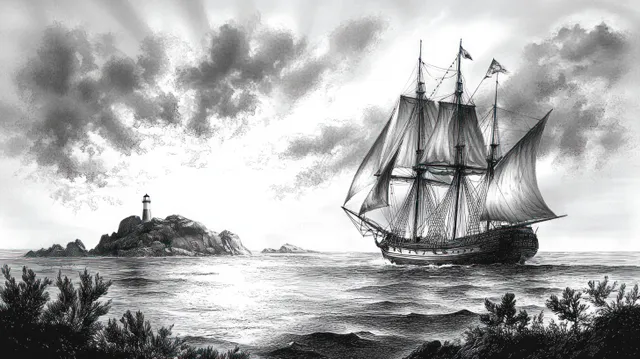 Black-and-white tall sailing ship with full sails sails past a rocky island lighthouse under cloudy skies.