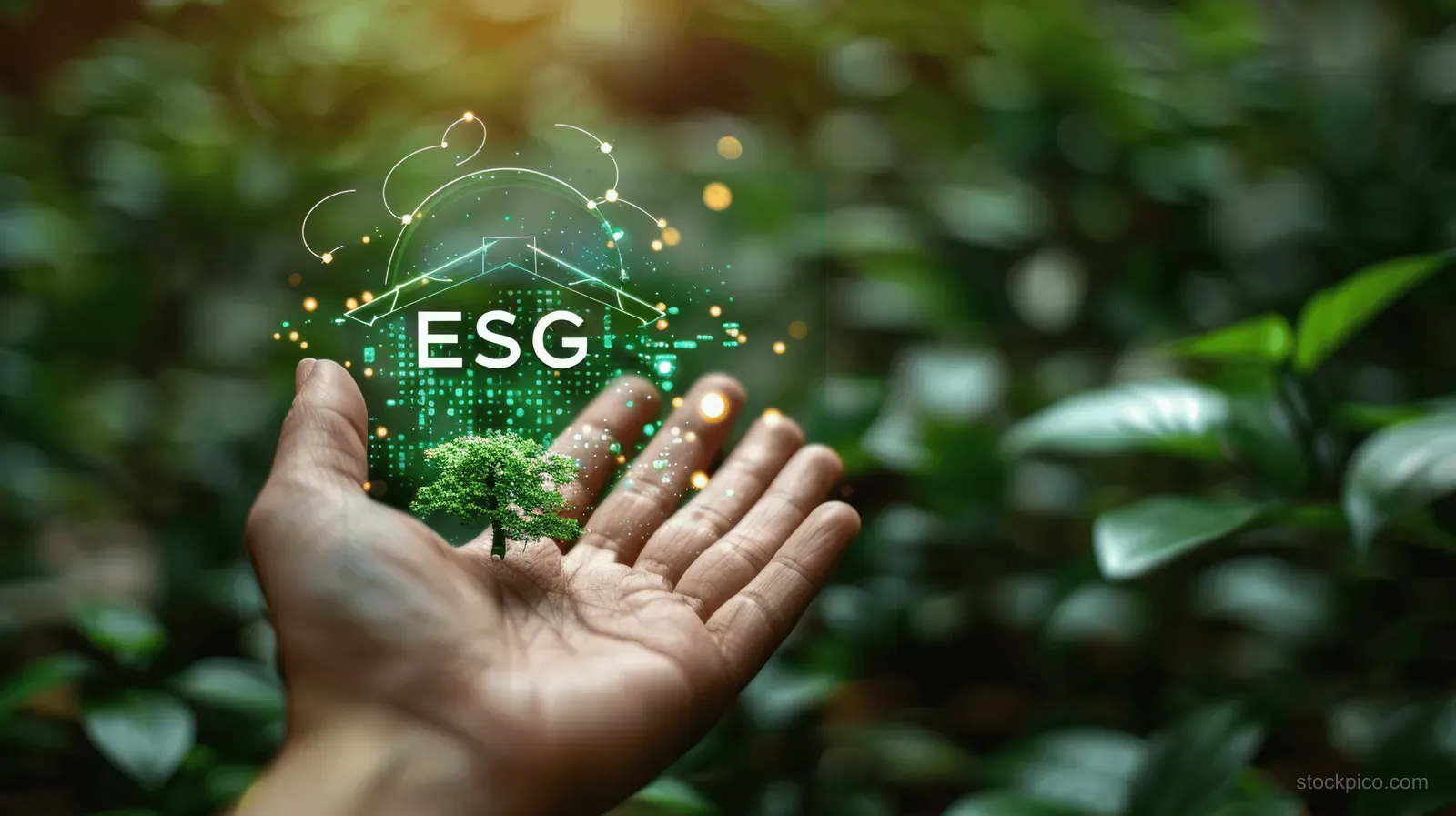 A hand holds a glowing ESG leaf icon against a lush green forest background.