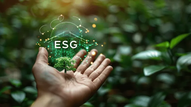 A hand holds a glowing ESG leaf icon against a lush green forest background.