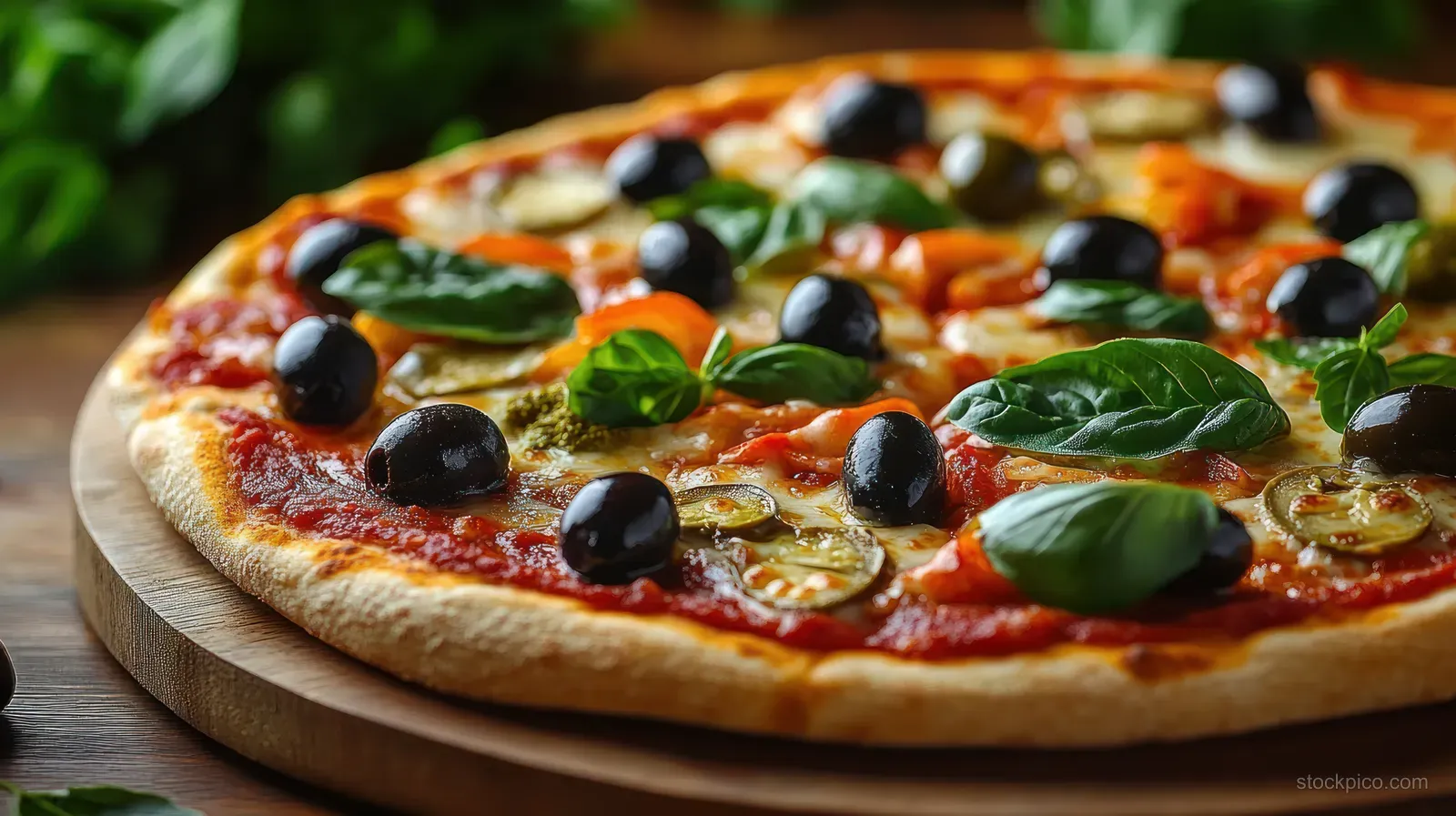 Close-up of vegetable pizza on a wooden board with black olives and basil leaves over tomato sauce.