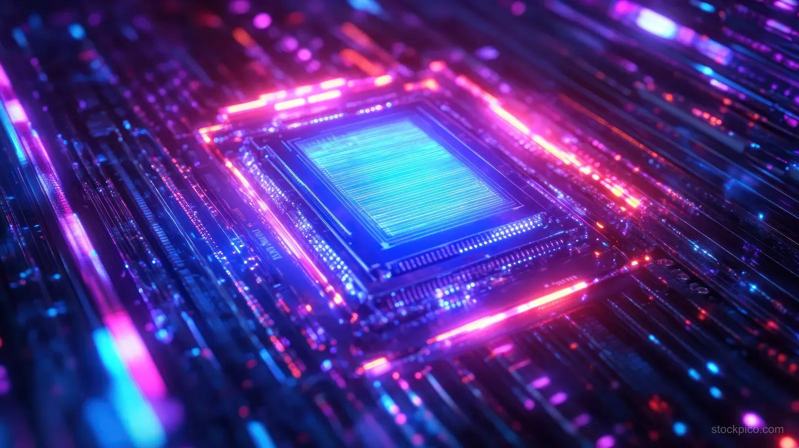 A close-up of a glowing microchip on a neon-lit circuit board with vibrant blue, pink, and purple colors.