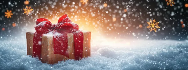 Christmas gift box with red bow, sparkling snowflakes, and warm golden light