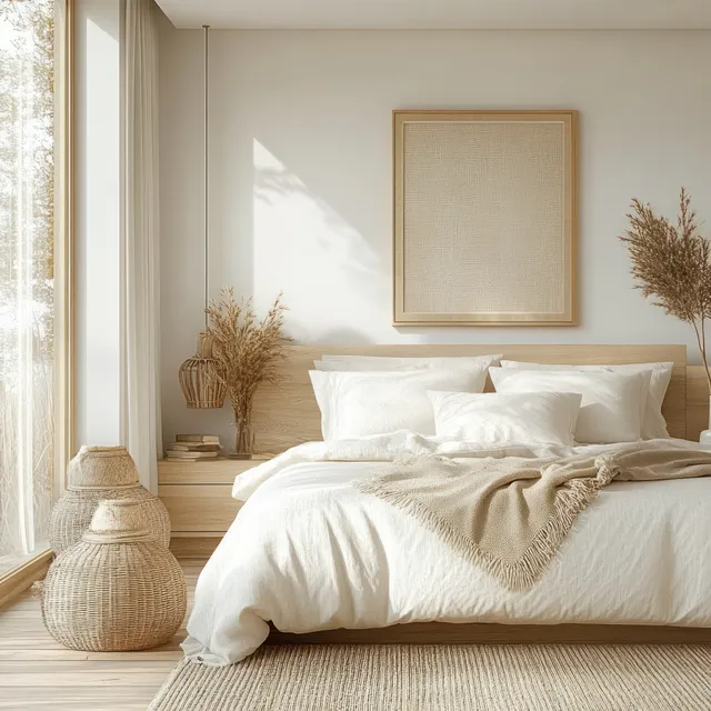Scandinavian bedroom with sunlit white bed linens, wood frame art, and woven baskets