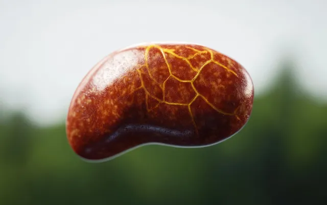 Hyper-realistic 3D liver organ with mottled fatty deposits, softly lit against a blurred green background.