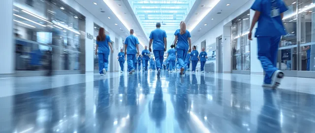 Doctors and nurses in blue scrubs walk down a bright white hospital corridor with motion blur and glass windows.