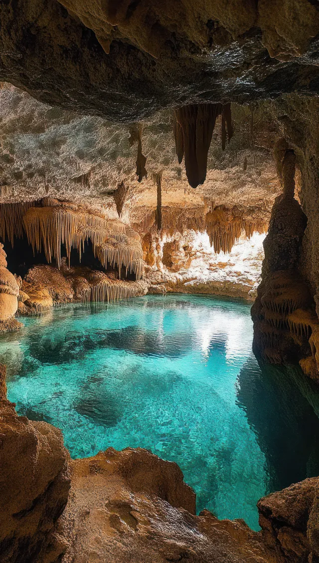 Turquoise water fills a limestone cave pool beneath glowing stalactites and stalagmites.