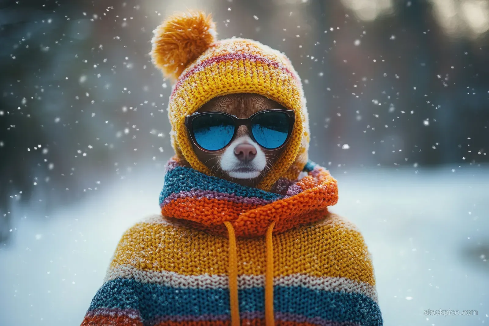 Small dog wearing a colorful knit hat and sunglasses in a snowy street with falling snowflakes.