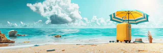 Yellow suitcase on a sandy beach beside a striped umbrella with turquoise ocean waves behind it.