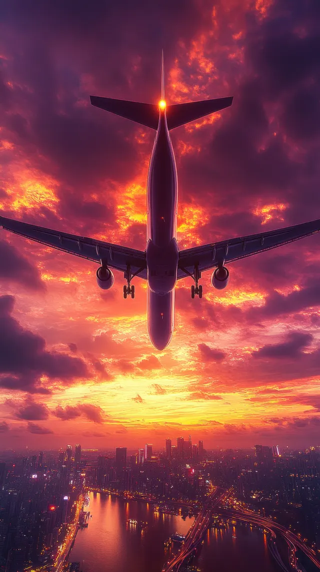 Commercial airplane flying low over a river city, glowing sunset clouds and wingtip lights