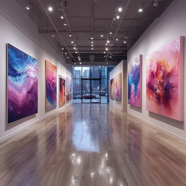 Minimalist gallery hallway with colorful abstract paintings framed on both sides under ceiling spotlights.