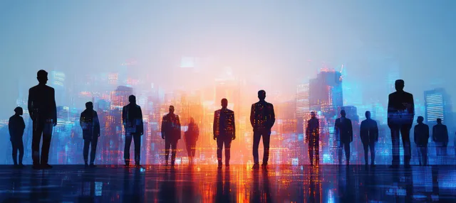 Diverse professionals silhouetted in futuristic city with glowing digital overlays