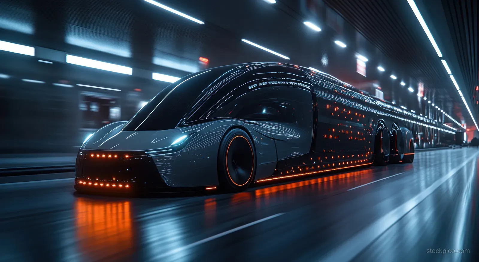 Futuristic truck in motion at night with glowing light beams, neon accents, and motion blur on the road.