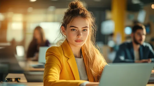 Young female manager working on a laptop with teammates blurred in the modern office background.