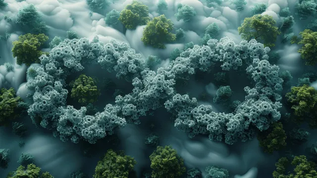 Infinity symbol made of gears over lush jungle canopy with misty teal atmosphere