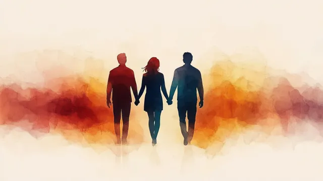 Three People Holding Hands in Abstract Colorful Unity Scene