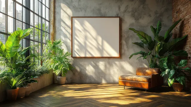 Empty framed canvas hangs on a concrete wall above a couch in a sunlit office lounge with potted plants.