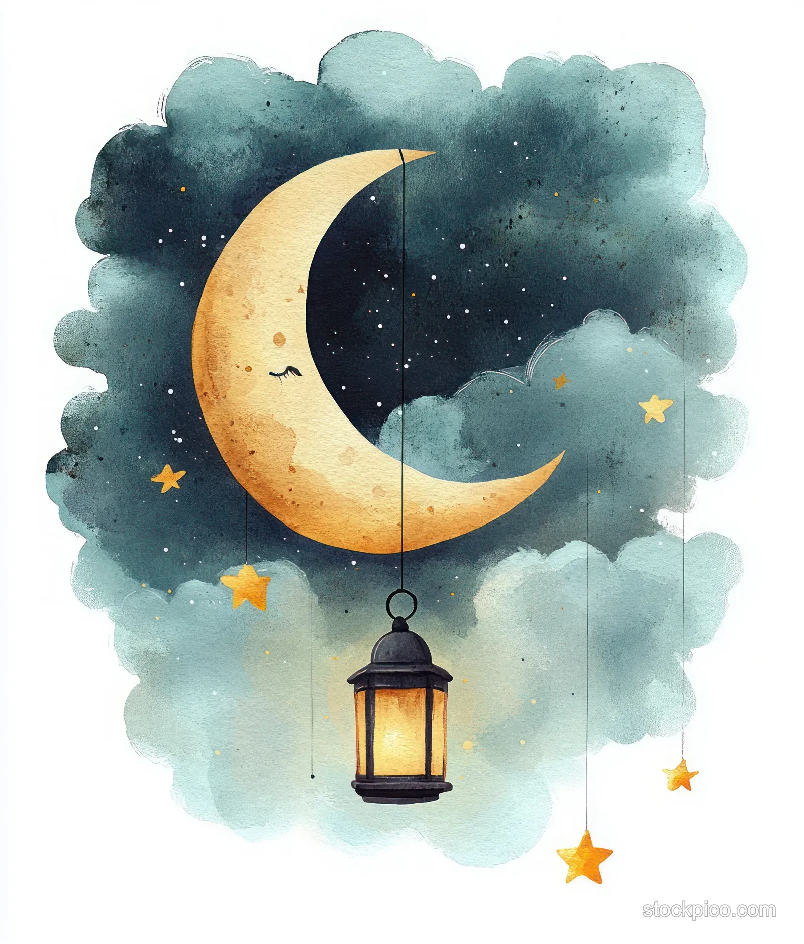 Pastel watercolor night scene showing a glowing lantern beneath a crescent moon surrounded by clouds and stars.