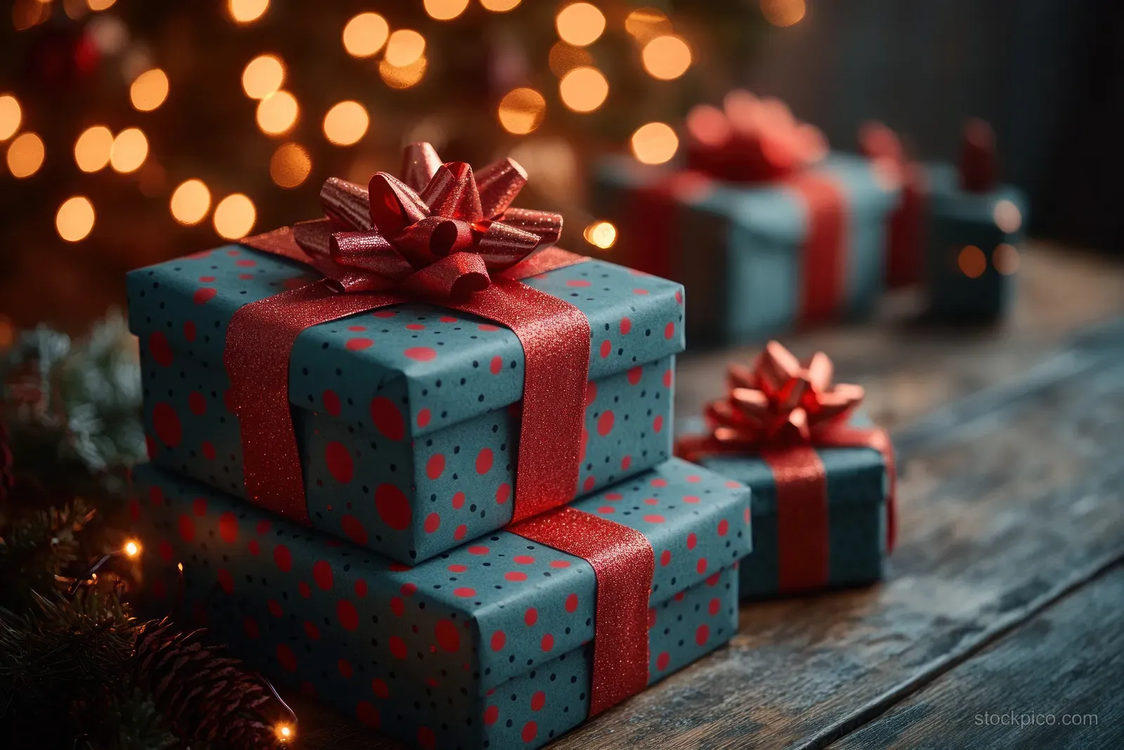 Stacked Christmas gift boxes with red ribbons sit on a wooden table amid warm twinkling lights.