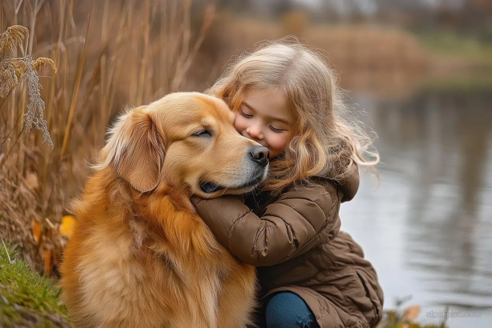 A young girl hugs a golden retriever at a calm lakeside with tall autumn grasses behind.