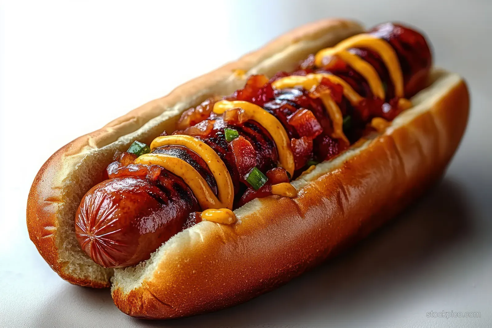 A hot dog in a soft bun with mustard and ketchup placed on a clean white background.