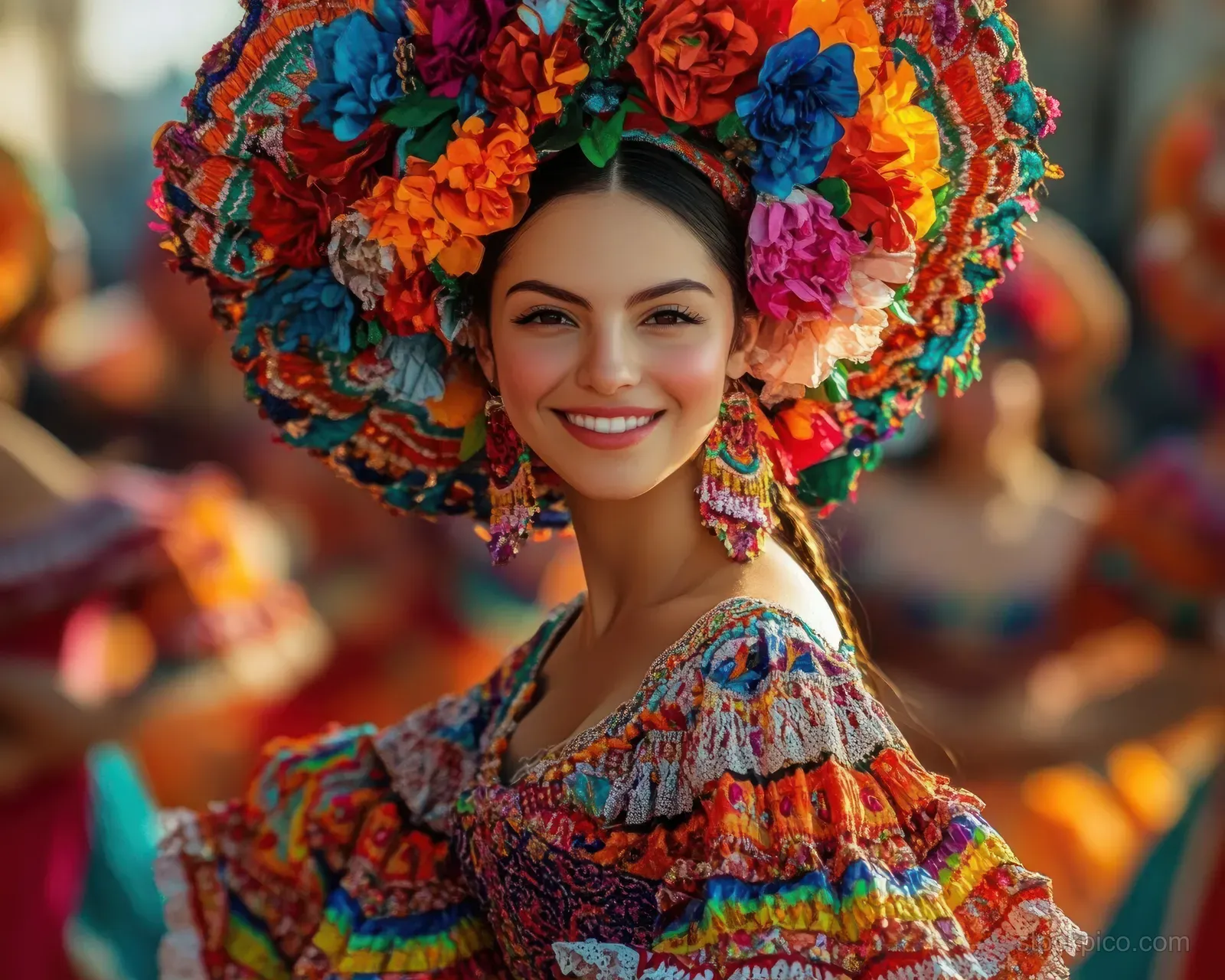 A smiling woman in a vibrant traditional dress and floral headdress enjoys a festive celebration filled with colorful patterns.