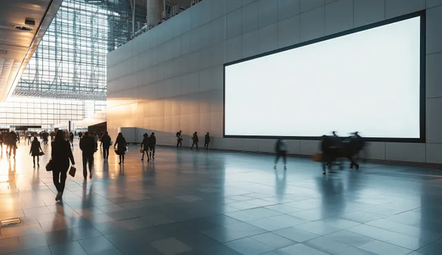 Blank billboard screen in airport corridor with people walking past in daylight motion blur