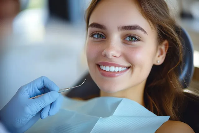 A smiling young woman sits in a dental chair as a dentist examines her teeth with a mirror tool in a clinic.