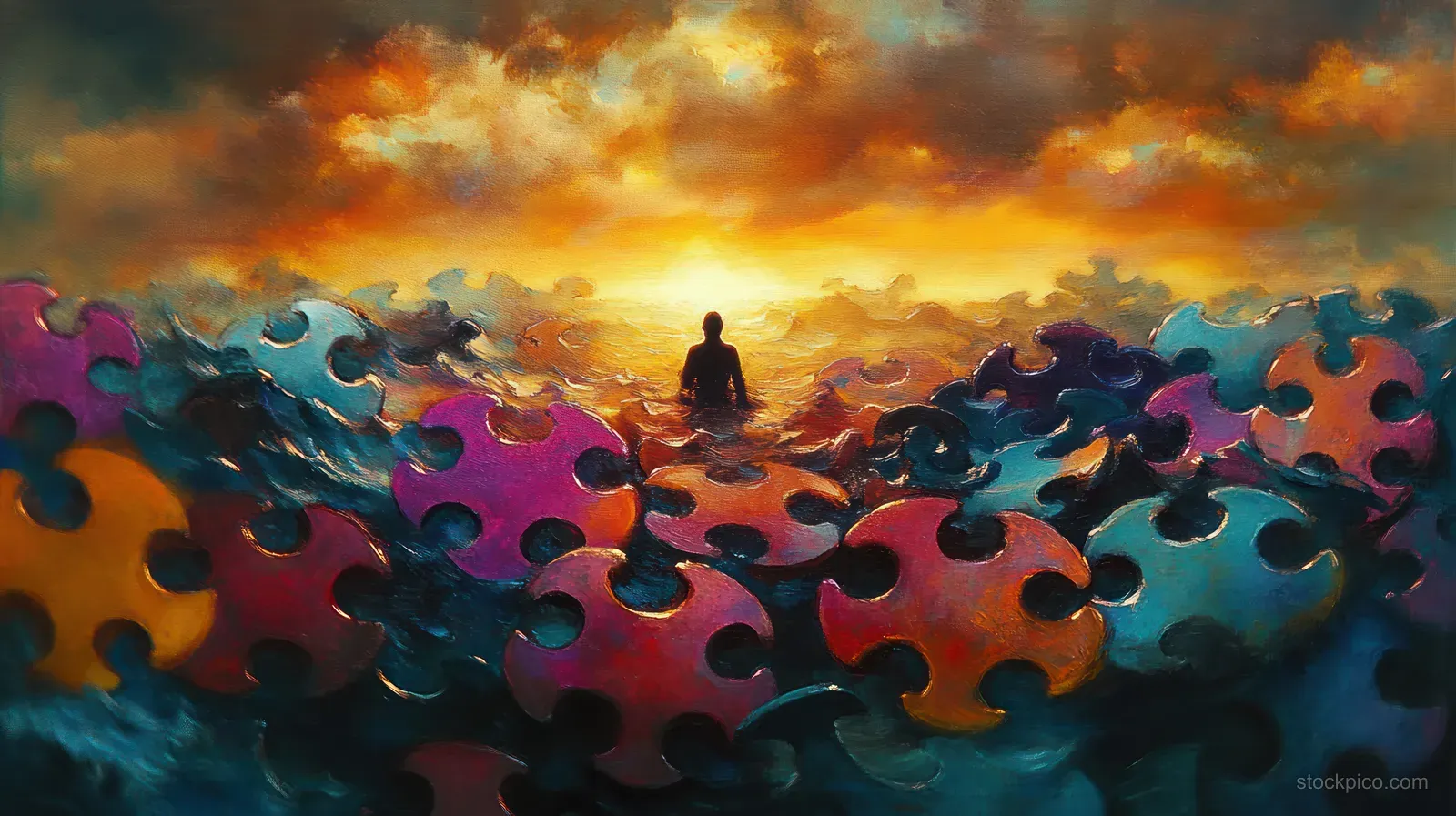 A lone meditator silhouette sits at a glowing horizon surrounded by puzzle-piece waves under a colorful dramatic sky.