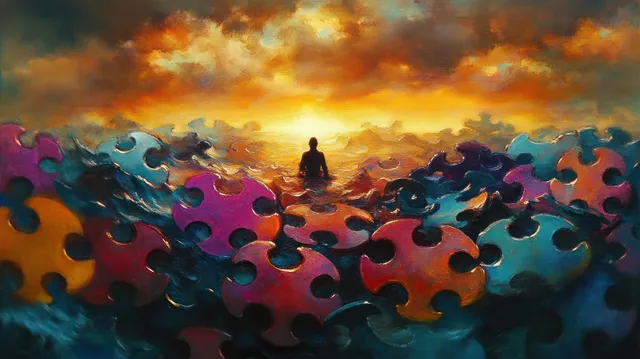 A lone meditator silhouette sits at a glowing horizon surrounded by puzzle-piece waves under a colorful dramatic sky.