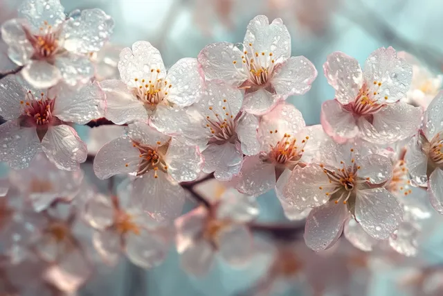 Pink cherry blossoms with water droplets on petals against a soft blurred spring background.