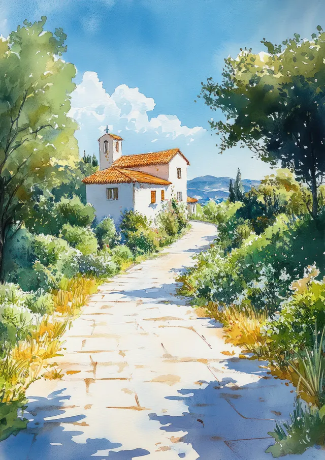 A winding countryside road curves past a white villa and green trees under a clear blue sky.