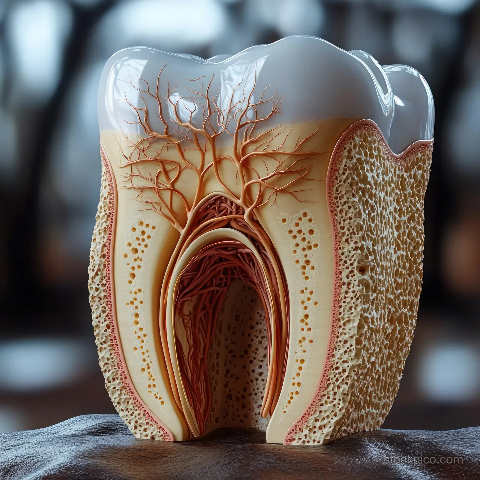 A human molar cross-section displays enamel, dentin, a pulp chamber with nerves and vessels, and porous root bone texture.