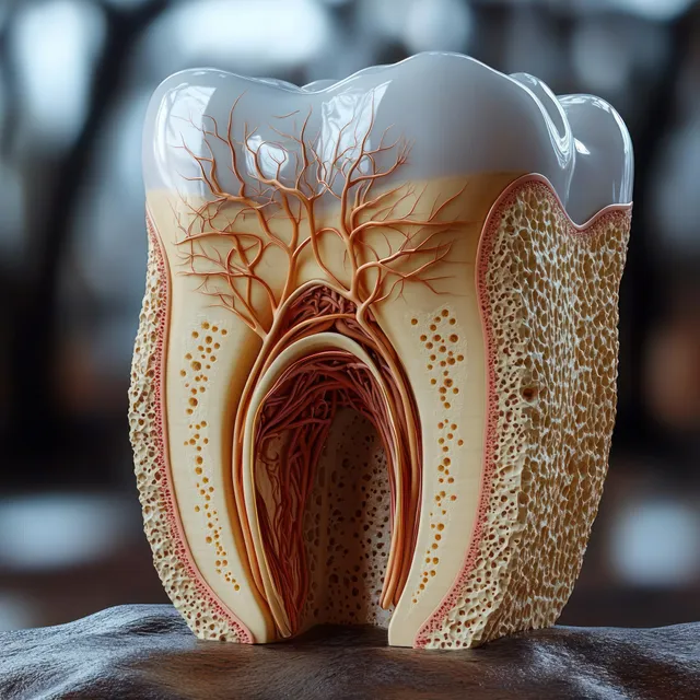 A human molar cross-section displays enamel, dentin, a pulp chamber with nerves and vessels, and porous root bone texture.