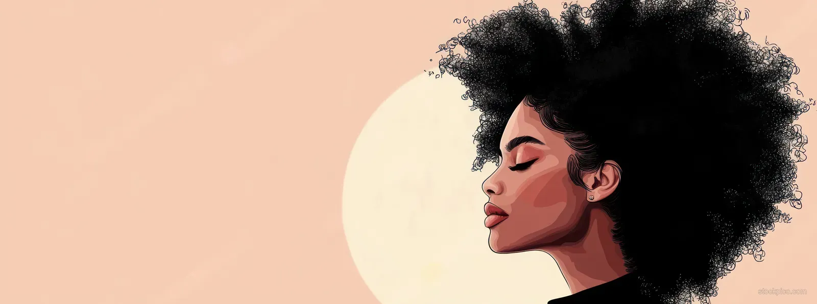 Minimalist vector profile portrait of a Black woman with natural afro hair on a peach background.