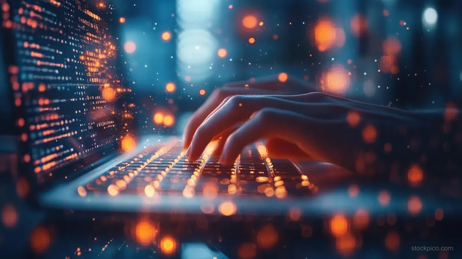 Hands type on a laptop with glowing keys while blurred city lights and data charts fill the background.