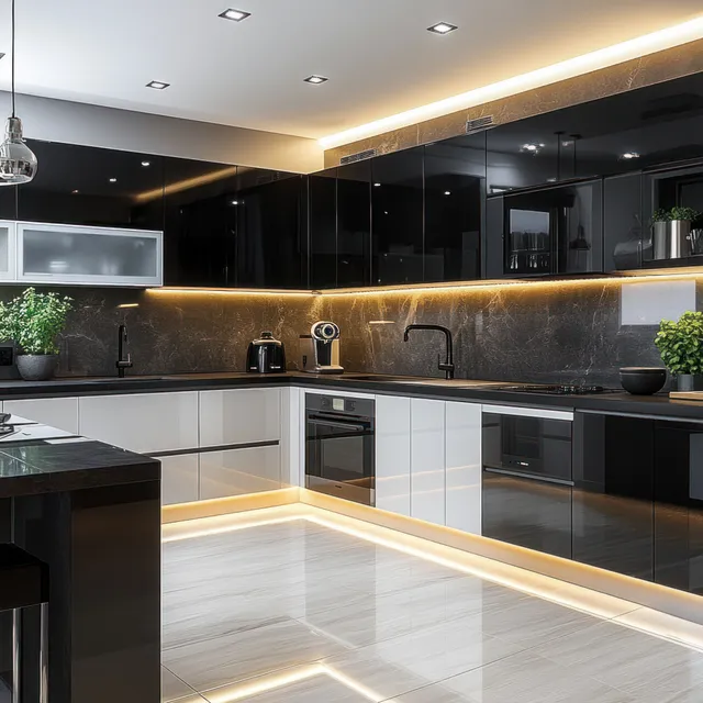 Black-and-white modern kitchen showing an island with sink and warm recessed ceiling lights.