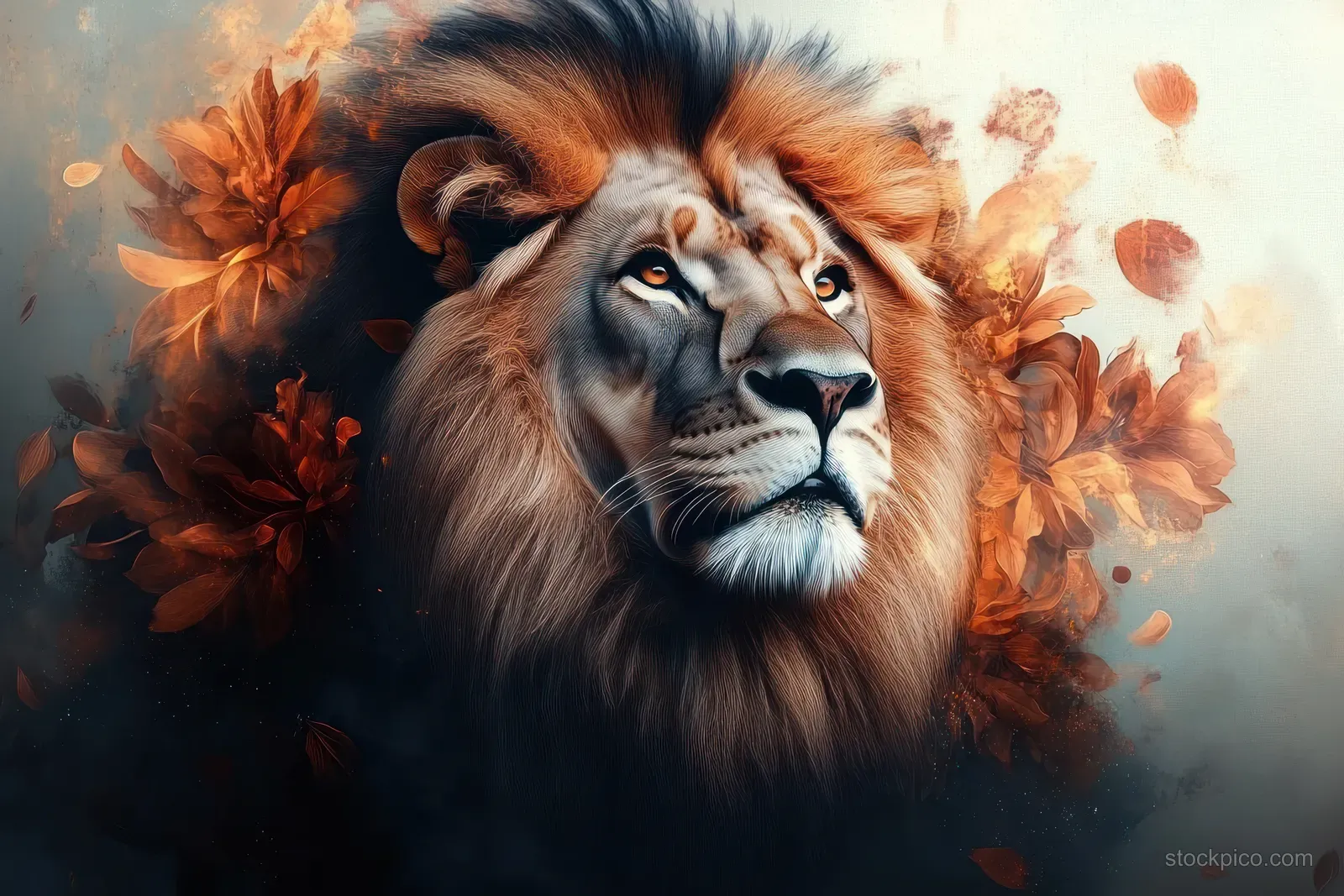 A majestic lion portrait surrounded by orange flowers and soft glowing light.