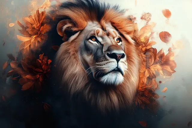 A majestic lion portrait surrounded by orange flowers and soft glowing light.