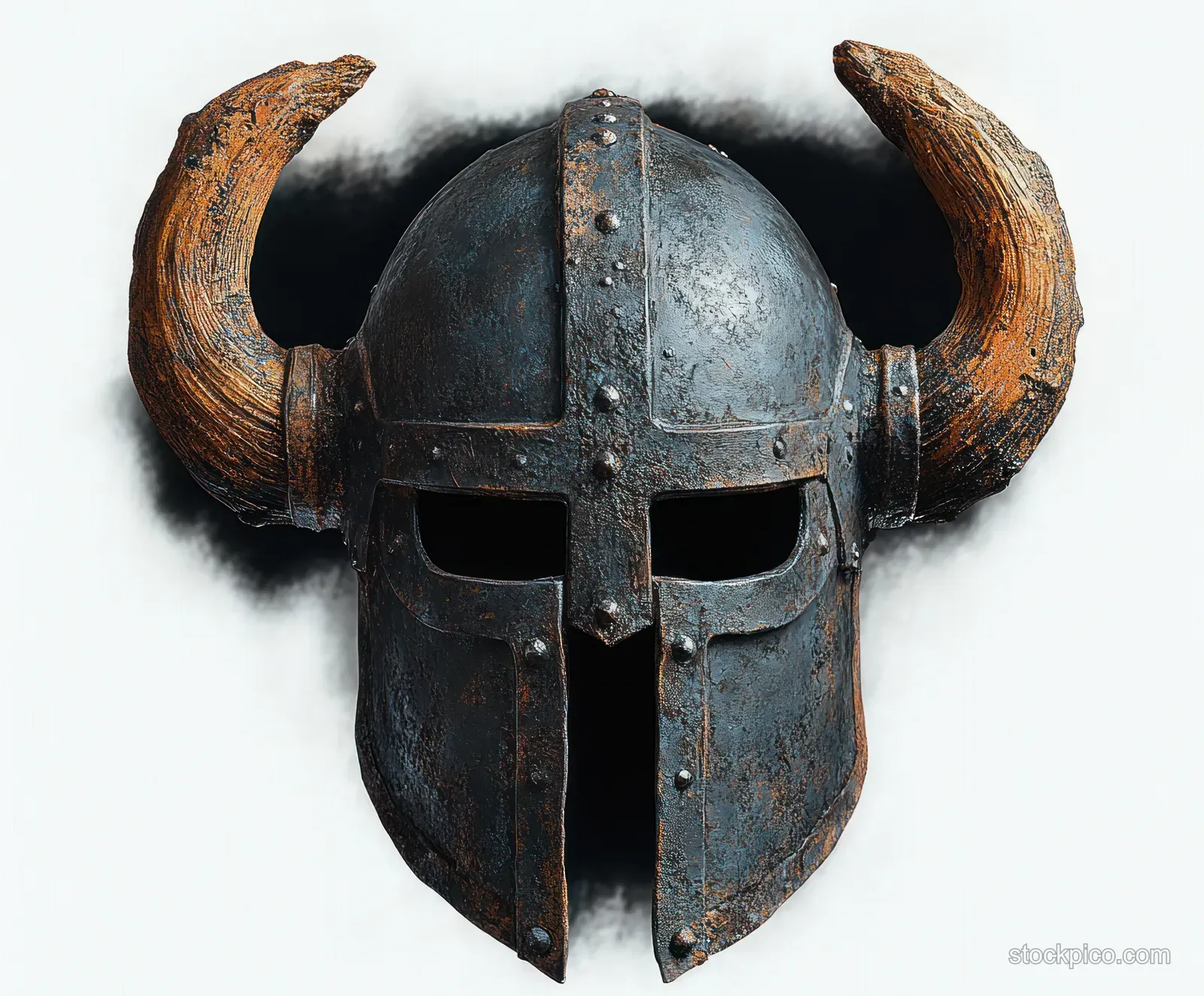 Weathered medieval metal helmet with curved wooden horns and face guard isolated on a white background.